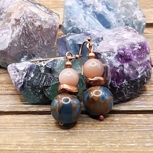 Teal Impression Jasper, Sunstone and Copper Drop Earringd